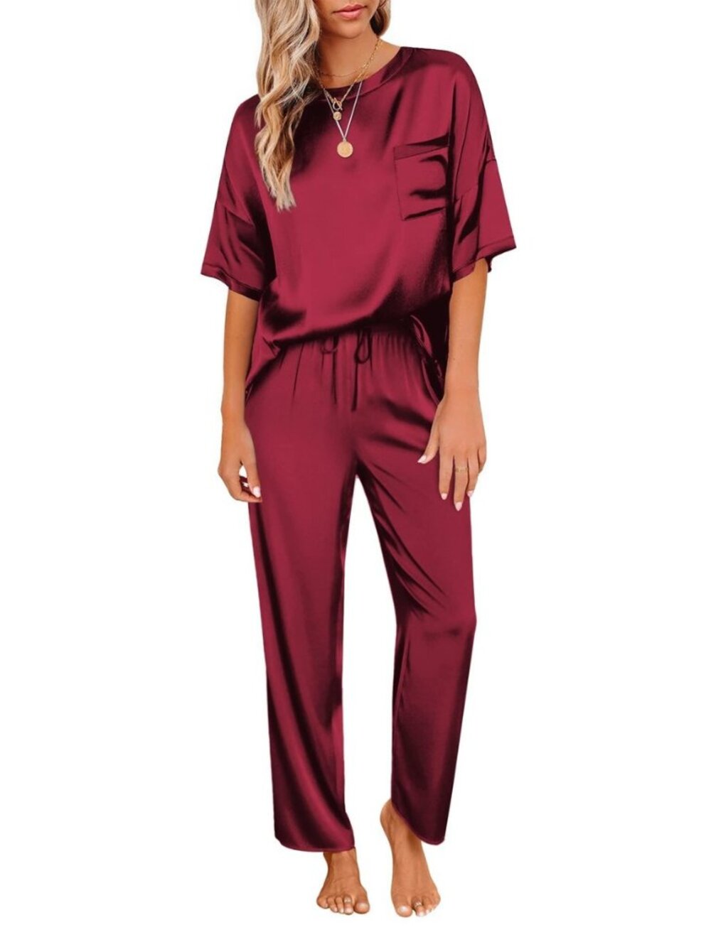 Pajamas for Women Set Silky Satin 2 Piece Lounge Sets with Pockets